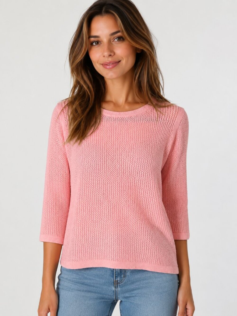 Talbots Petite Large Pink Open Knit Sweater 3/4 Sleeve Lightweight Pullover